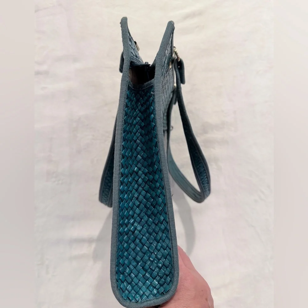 Vintage Woven Straw Tote Bag Colorblock Pink Teal Mustard Made in Italy - Picture 9 of 10